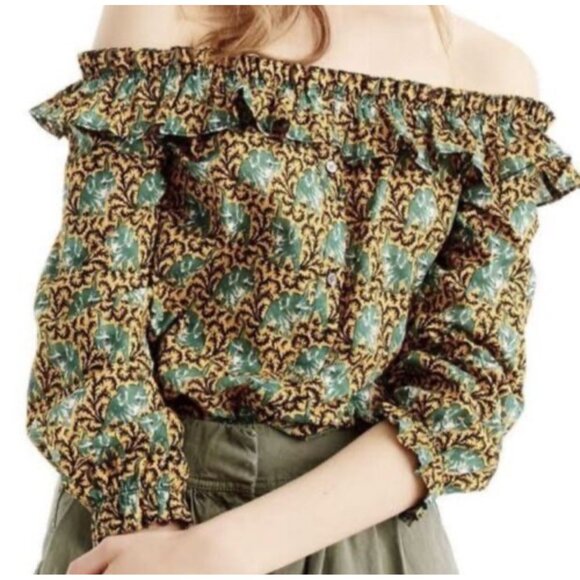 J. Crew Ratti Elephant Print Blouse Woman’s size 14 green off shoulder button up - Picture 12 of 14